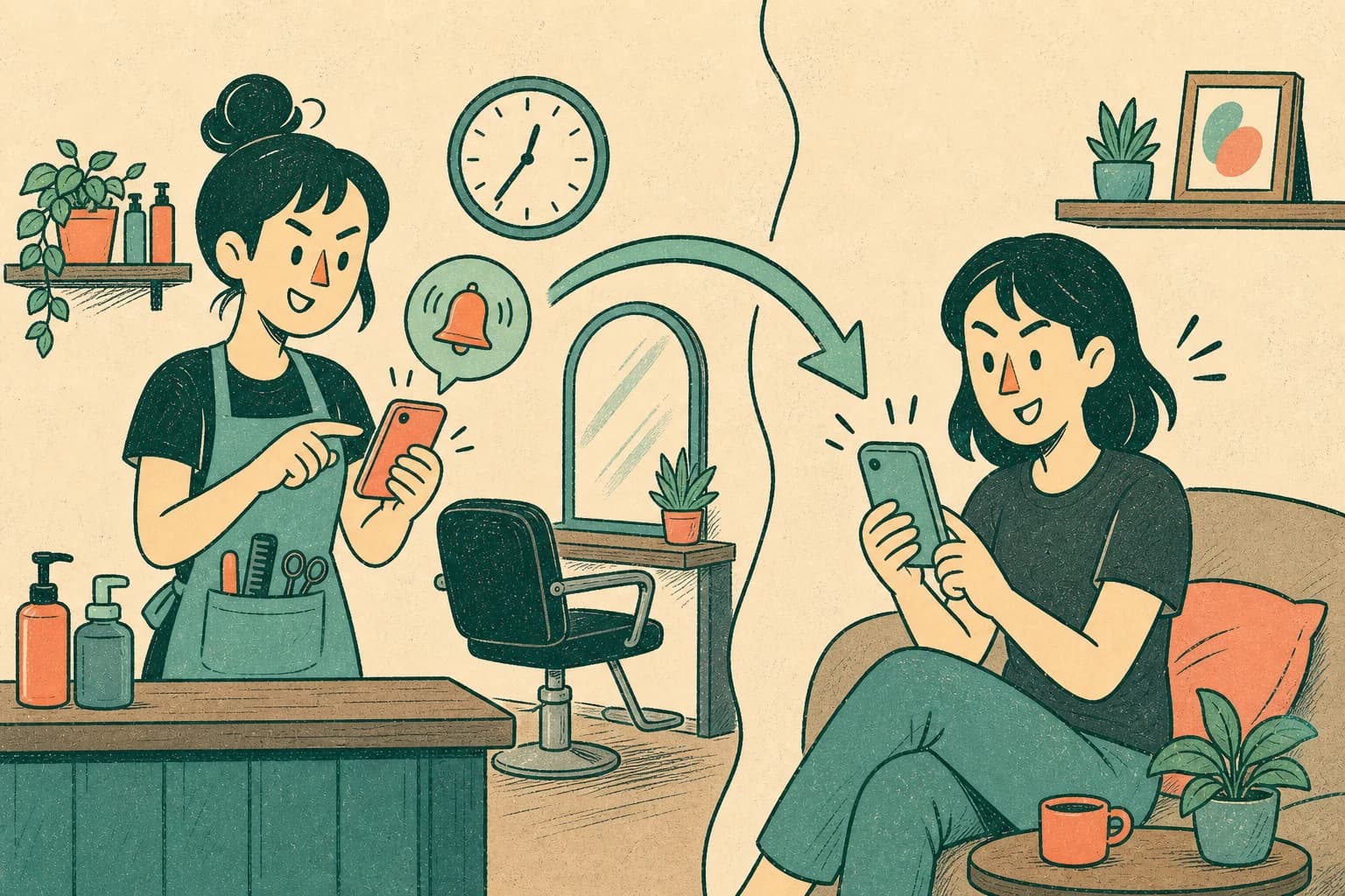 ตัวการ์ตูนพนักงานร้านส่งข้อความเตือนนัดและลูกค้าตรวจโทรศัพท์